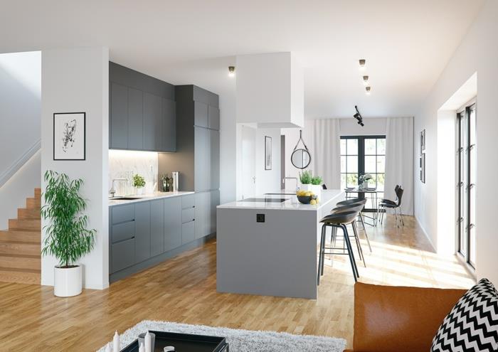 šviesus virtuvės parketas, pilka virtuvės sala, minimalistinės aukštos kėdės, žalias augalas, anglies pilkos spintelės