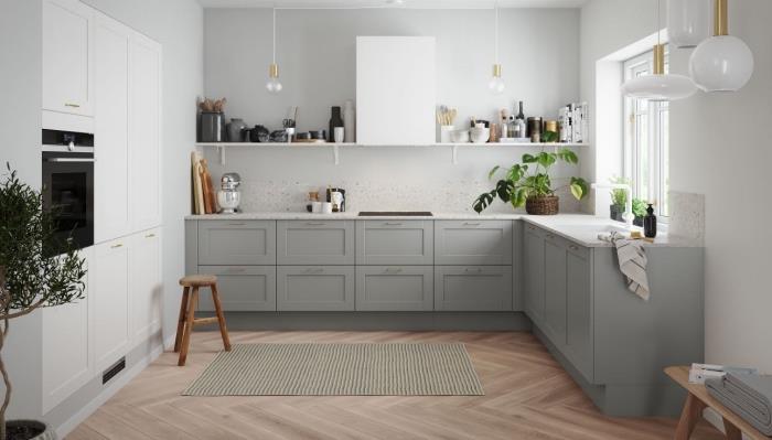 u şeklinde mutfak dekoru, beyaz ve gri mobilyalı açık gri duvarlı mutfak modeli, gri ile ne renk fikir