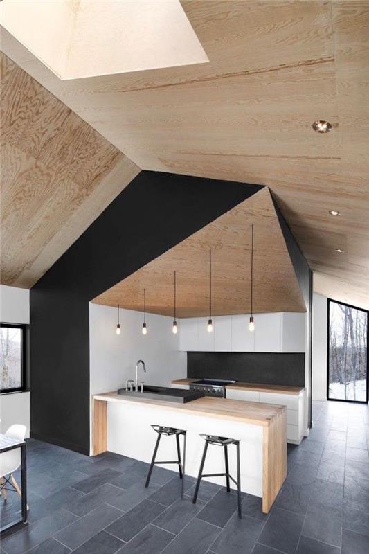 mat siyah duvarlı modern tasarım açık mutfak modeli