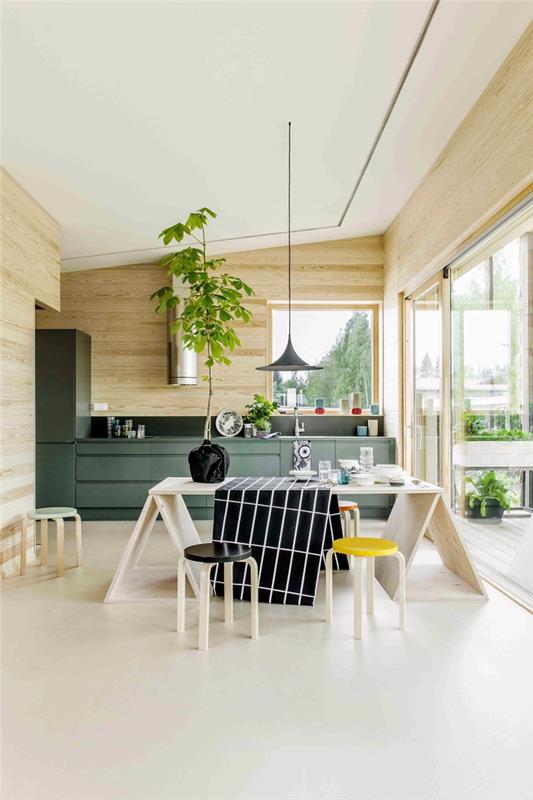 Dzenas ir natūrali atmosfera iš natūralios medienos, atvira virtuvė su ekologiškai atsakingu dizainu, skandinaviško dizaino anties žalios spintelės