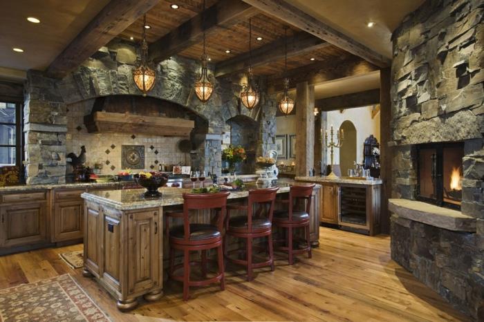 eleganten podeželski dekor, leseni parket, bež ploščice, karirano okno, preobrazba lesene kuhinje, kaminski kamin