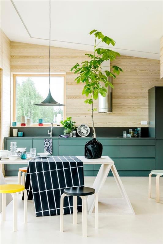 Skandinavski navdih, leseno kuhinjsko pohištvo, pobarvano v temno zeleno, leseno in belo kuhinjo z zelenimi rastlinami