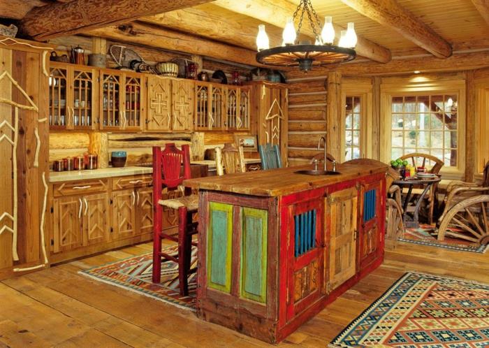 eleganten podeželski dekor, večbarvna preproga, karirano okno, lesene omare, preobrazba lesene kuhinje, rdeči stoli