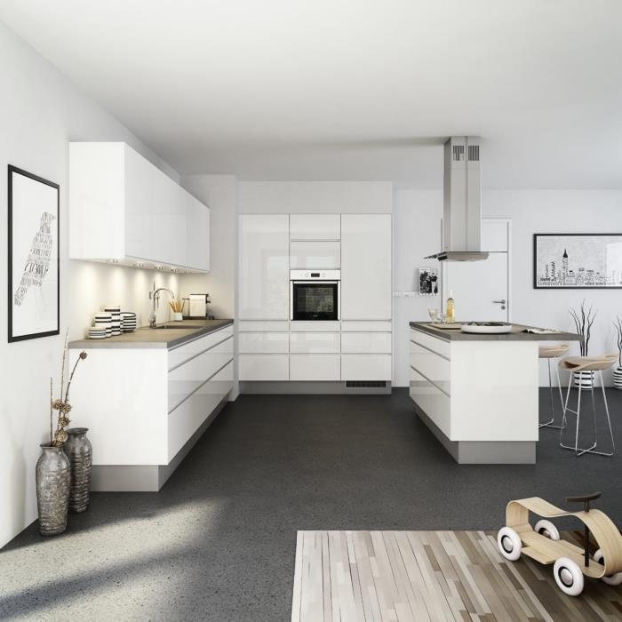 minimalist iç tasarım, gri zeminli ve tezgahlı çağdaş beyaz mutfak dekoru, mobilya altı aydınlatma örneği