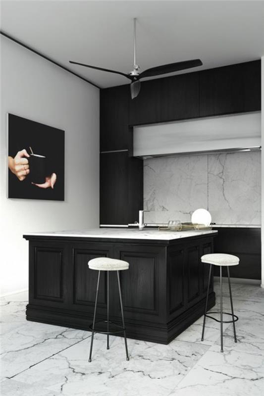 ada ve siyah büyük bir dekoratif panel ile iyi yapılandırılmış siyah beyaz mutfak