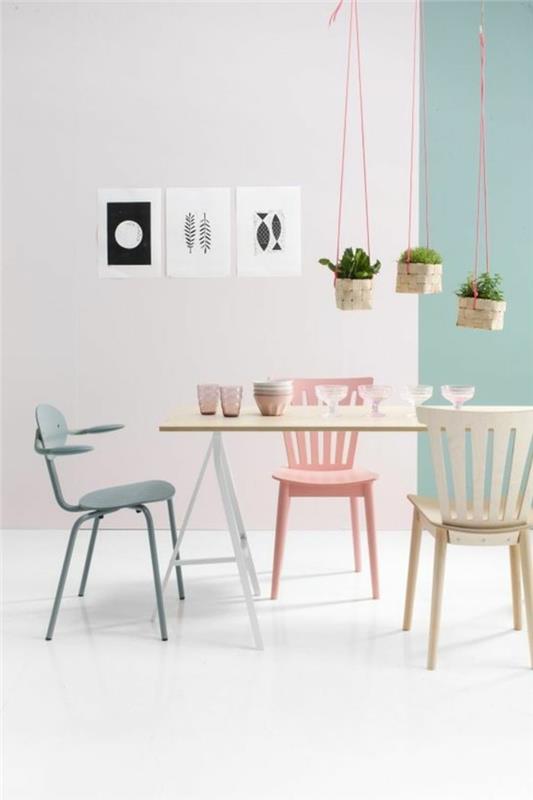 virtuvė-lašišos spalva-rožinė-kėdė-pvc-didelis-valgomasis stalas