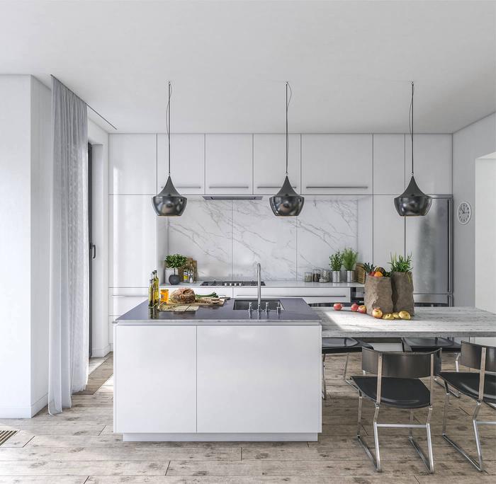 metalik desenli beyaz ve gri mutfak tasarımı