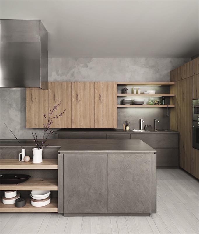 minimalistinis pilkos ir medinės virtuvės modelis su betono efekto siena, virtuvės dizaino idėja