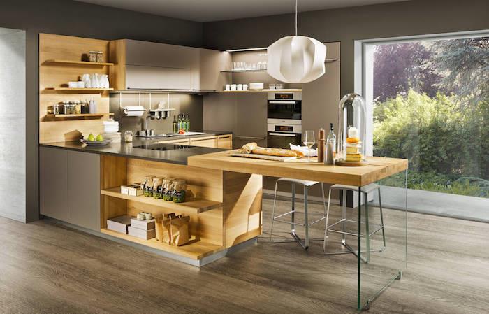 Amerikietiškos virtuvės dizainas su tamsiai pilka siena, medžio dizaino virtuvės baldų modelis