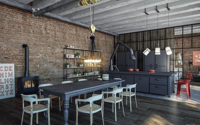beton, mat siyah metali birleştiren ham ve çağdaş bir tasarıma sahip endüstriyel çatı katı tarzı mutfak