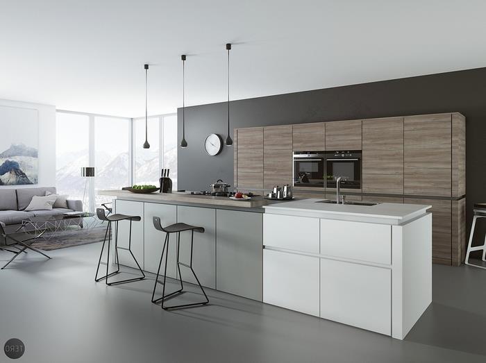 siyah bir arka plan ile geliştirilmiş, temiz çizgileri ve mat yüzeyleri birleştiren minimalist bir tasarıma sahip beyaz ve gri mutfak