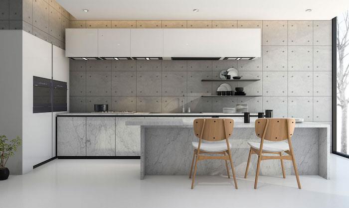 ideja za sivo -belo kuhinjsko dekoracijo, kuhinja s sivo steno, sredinski marmorni otok