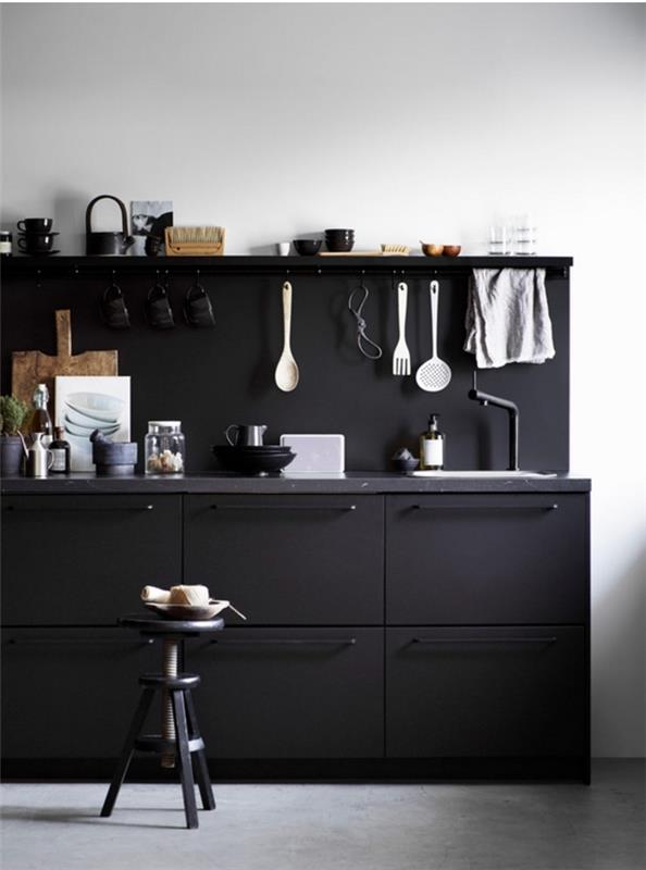 endüstriyel tarzda küçük bir alan için ideal mat siyah metal kaplamalı kompakt tasarımlı siyah mutfak