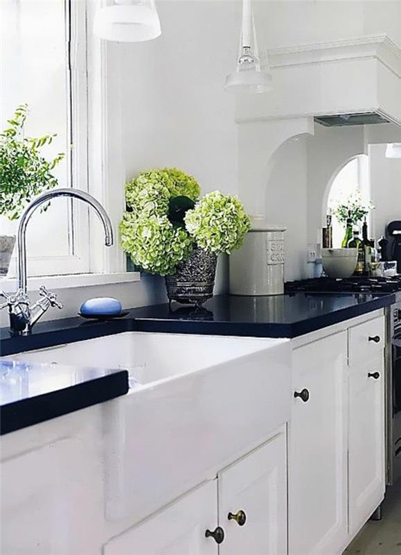 majhna opremljena kuhinja, črno -bela kuhinja, sijajna črna delovna plošča, ki odseva svetlobo skozi okno, srebrni umivalnik, zelene rastline v vazi iz dimljenega stekla