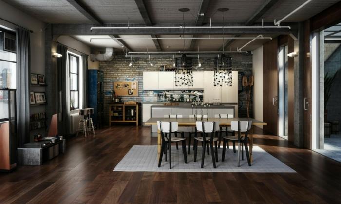pramoninio stiliaus virtuvė, parketas tamsios medienos virtuvei, baltas kilimas, pramoninės lubos, virtuvė ir valgomasis, plytų siena