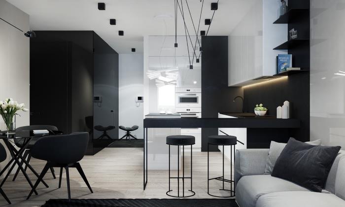 çağdaş tarzda iç tasarım, barlı küçük mutfak dekorasyonu, mat kaplamalı siyah beyaz mutfak modeli