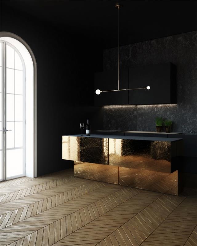 aynalı dolaplı siyah ve ahşap mutfak modeli, led aydınlatmalı mat siyah mutfak mobilyaları