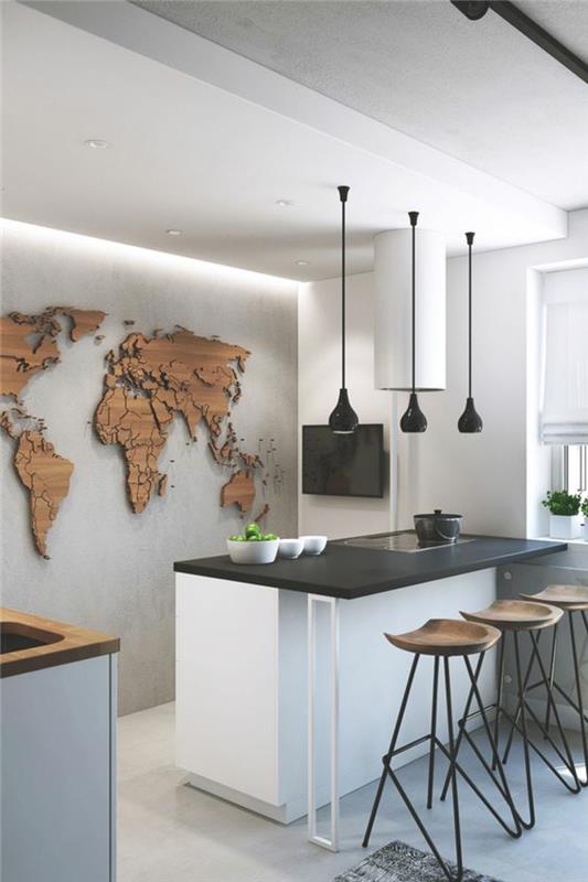 Afrika ve Amerika'nın coğrafi haritası şeklinde sentetik ahşap duvarda dekoratif panelli siyah mutfak ve ahşap zemin ve beyaz tavan