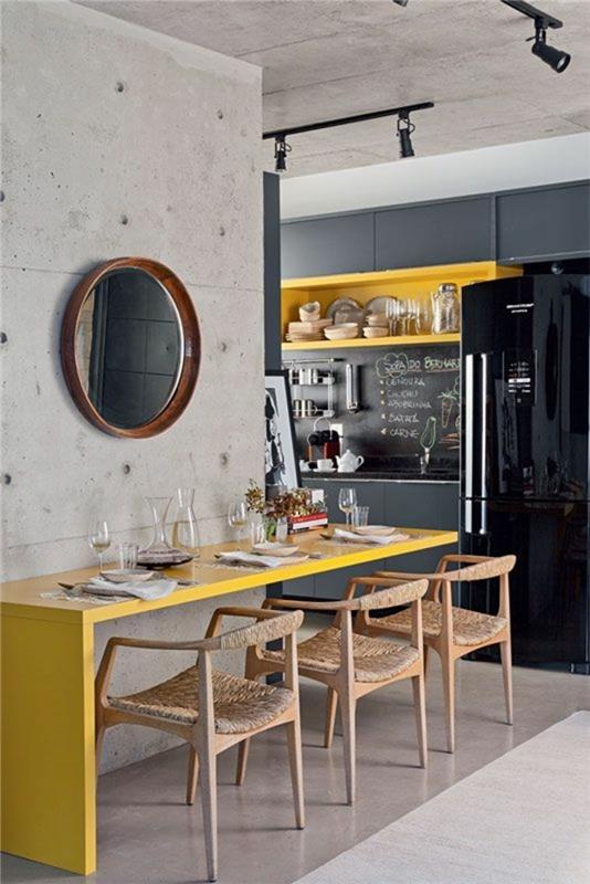 siyah-mutfak-yemek-alanı-deko-hardal-sarı-kayrak tahtası