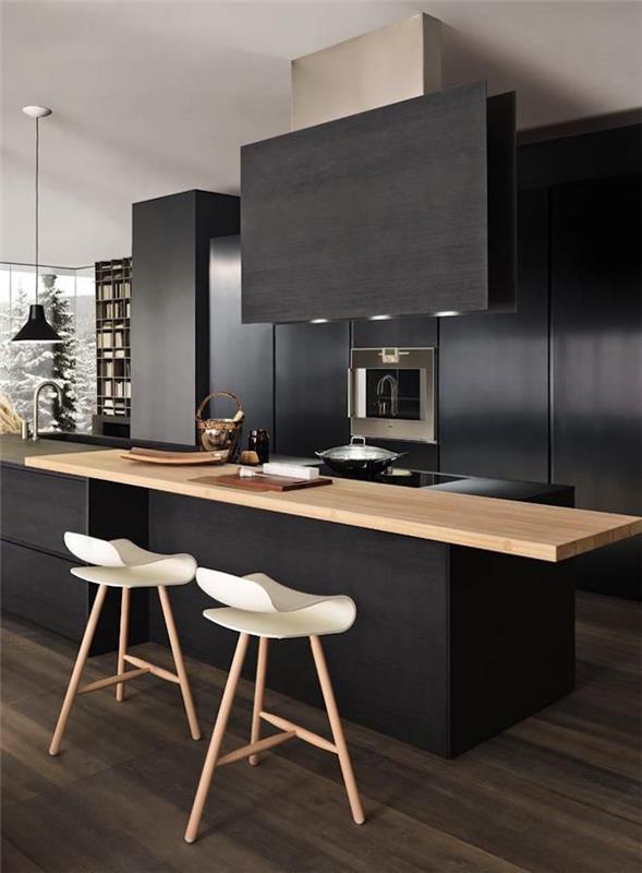 hafif ahşap tezgah üzerinde mat siyah tasarım mutfak modeli