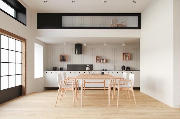belo moderno pohištvo za jedilnico v skandinavskem slogu s svetlim parketom in oblikovano kuhinjsko leseno mizo in stoli