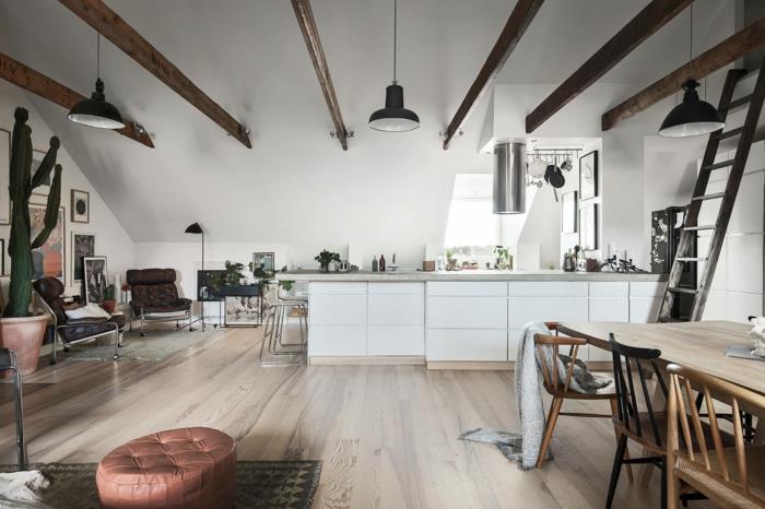 medinės virtuvės grindys, elegantiškas virtuvės parketas, atviros sijos, kabančios lempos, medinės kopėčios, dideli kaktusai