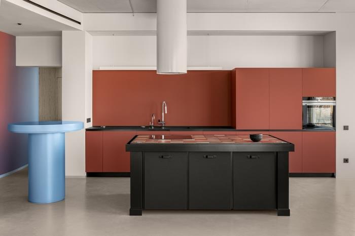 terakotos virtuvės dekoras modernus virtuvės išdėstymas ilgas virtuvės išdėstymas su matiniu juodu centrinės salos baltu ir juodu virtuvės dekoru