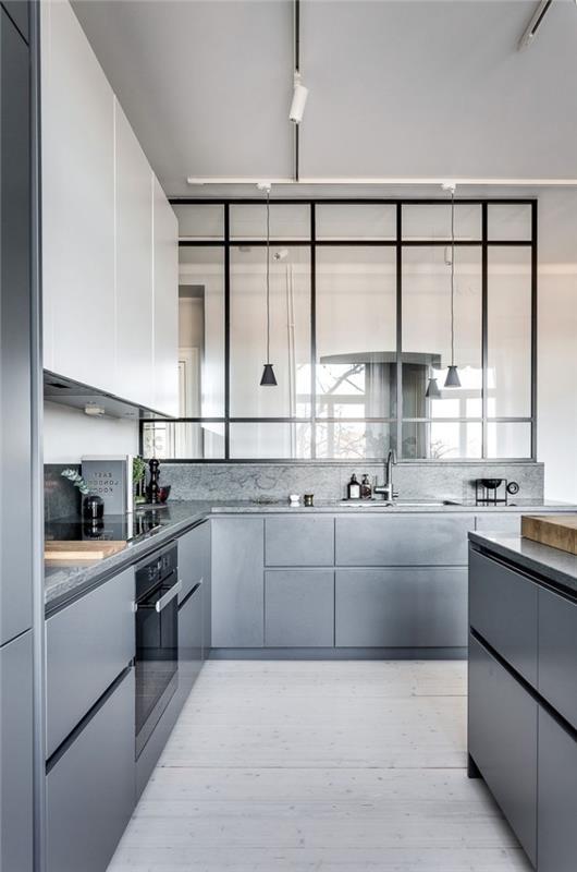 iç verriere, kulpsuz gri ve beyaz mobilyalarla modern bir köşe mutfağı nasıl düzenlenir