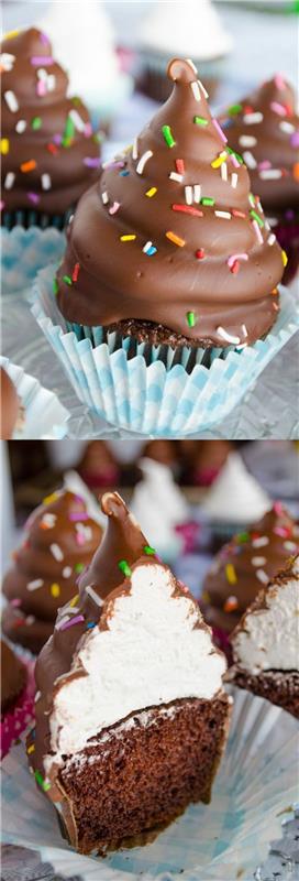 çikolata ve guimave kek, dekorasyon için çikolatalı krema ve şeker serpme örneği, küçük kayalar doğum günü tatlısı