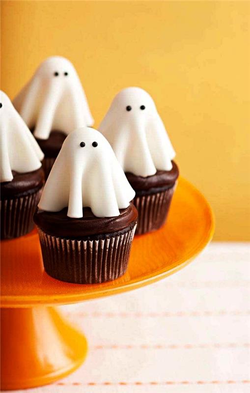 marcipano vaiduoklio Helovino pyrago dekoras, šokoladiniai Helovino vaiduoklių keksiukai