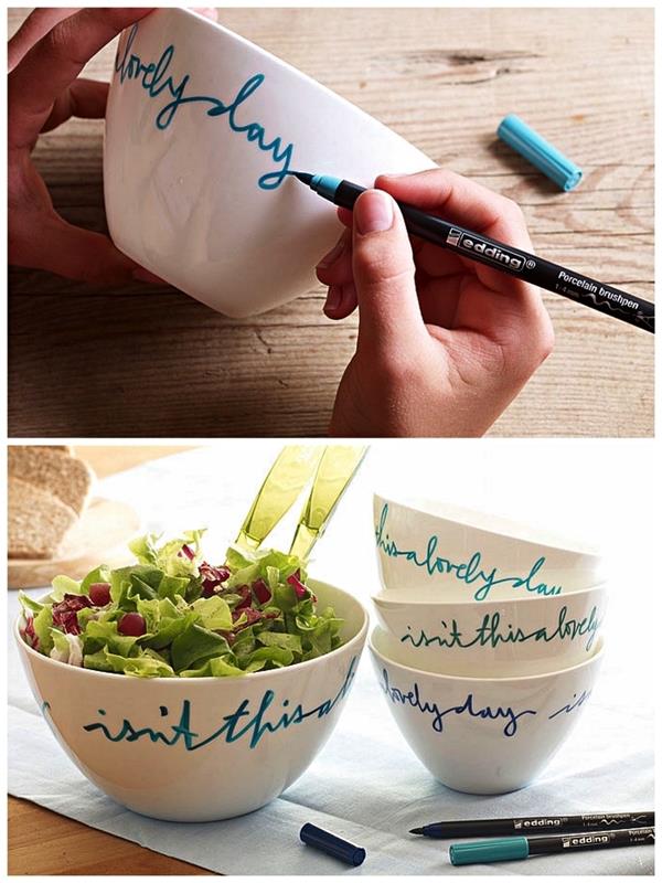 pišite na sklede s porcelanastim filcem, ideje za personalizacijo bele namizne posode