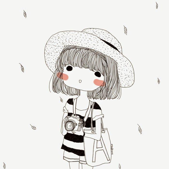 črno -bela skica, dekle s kamero, kratkimi lasmi in klobukom, srčkane risarske ideje
