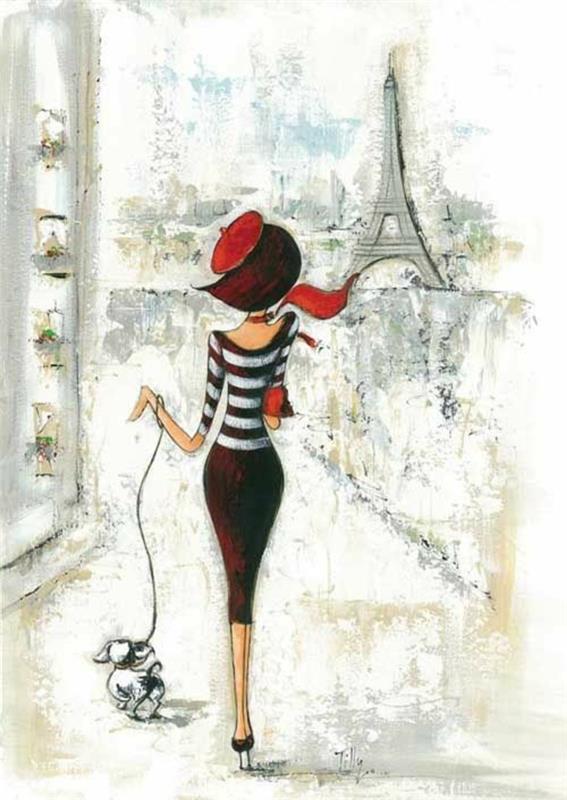 Parisli kadın, kırmızı şapka ve atkı, sevimli çizim fikirleri, arka planda Eyfel Kulesi