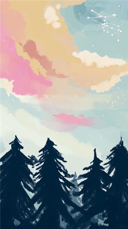 pastel çizim, siyah ağaçlar, sevimli tumblr arka planı, mavi turuncu ve pembe gökyüzü