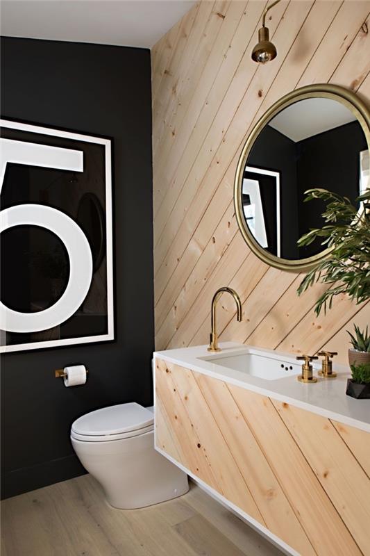 kaip įrengti nedidelį šiuolaikiško dizaino vonios kambarį, pavyzdžiui, medinės vonios spintelės su baltu stalviršiu pavyzdys