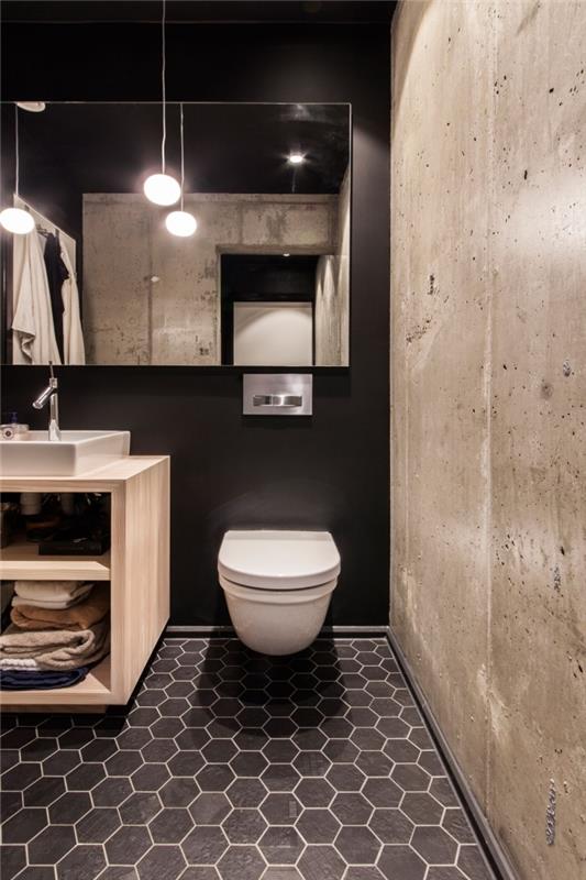 kaip sutvarkyti nedidelį pramoninio stiliaus vonios kambarį, vonios idėjos juodos spalvos su šviesaus medžio baldais