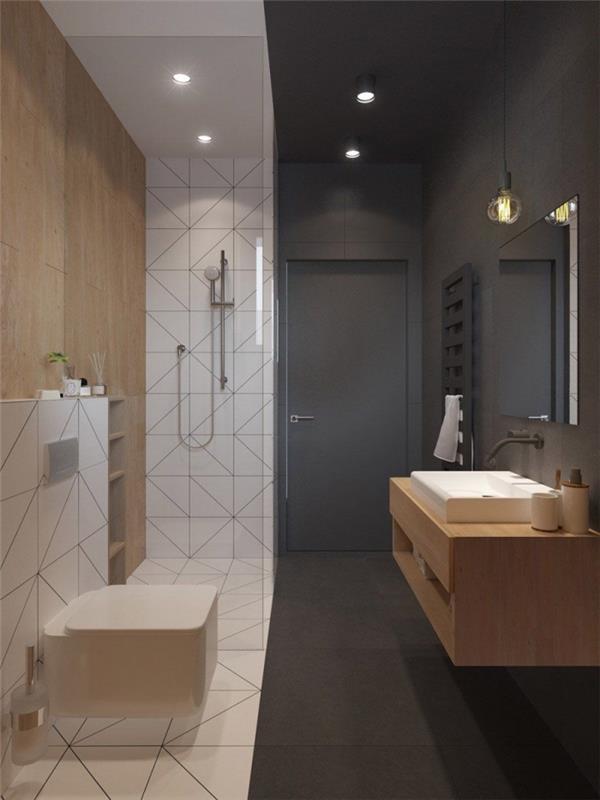 ideja za majhno kopalniško pohištvo s sodobnim dizajnom s sivo antracitno steno in stenskim odsekom iz belih ploščic