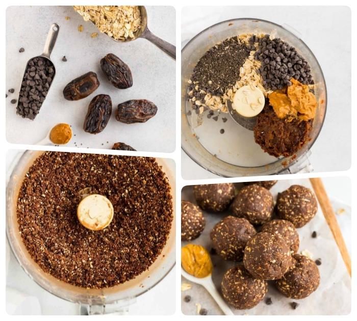foto kolaž, čokoladni čips, chia semena, arašidovo maslo, datlji in ovsena kaša, zmešani skupaj, recept za energetske kroglice