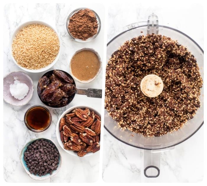 baltymų rutulio receptas, nuotraukos šalia, ingredientai baltuose dubenėliuose, sumaišyti maišytuve
