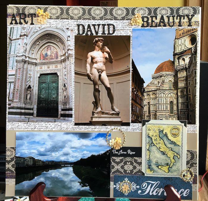 Kaip sudaryti kelionių žurnalą, originali kelionių iškarpų albumo idėja, atostogos Florencijoje, „scrapbooking“ albumo puslapis