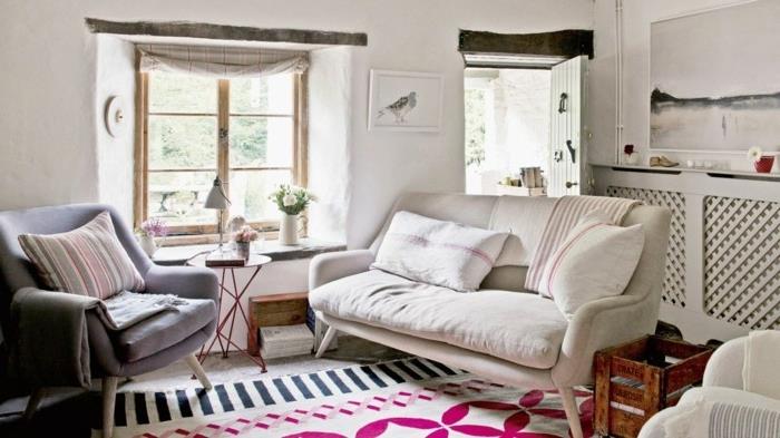 koza şeklinde oturma odası dekor fikri, beyaz kanepe, gri koltuk, dekoratif minderler, beyaz ve siyah manzara