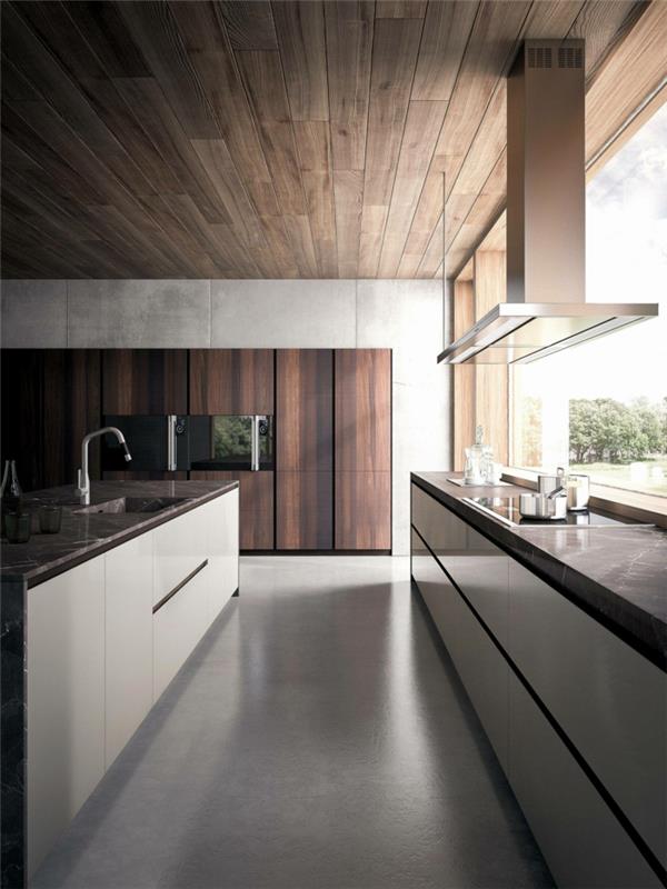 leseni strop wenge, kuhinjski otok v beli in črni barvi, siva tla, kuhinjska omara wenge