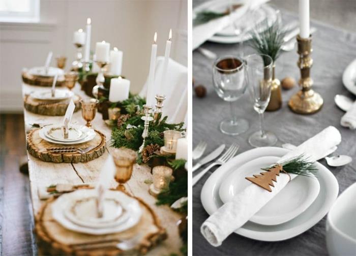 Kalėdinė rankinė veikla, medienos gabaliukai plokštės kilimėliui, stalas neapdorotos medienos lentose, lėkštės, žvakės, servetėlės