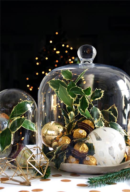 steklena škatla za sladkarije, bonboni ferrero rocher, zlata božična kroglica, kako narediti božični okras