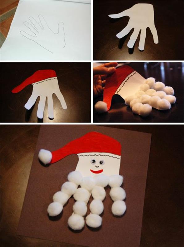 Božična dekoracija, da si olajšate, v obliki bele kartonske roke in z belimi pomponi za izdelavo brade