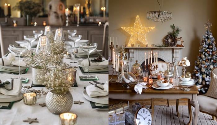 beli kamin, dolga skandinavska miza, majhni svečniki, velika svetleča zvezda, stari zlati svečniki