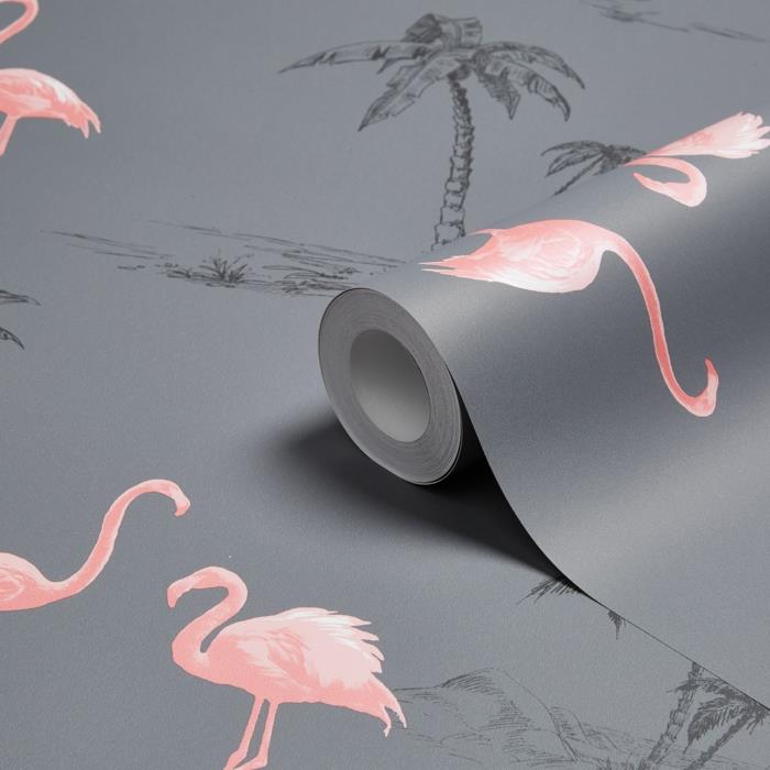 gladke satenske tapete v biserno sivi barvi, okras flaminga, izviren dekorativni predmet, tropska dekoracija, vzorec tropskega listja
