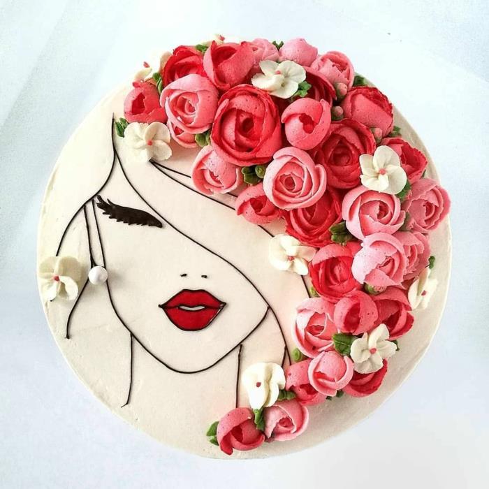 40 yaşındaki pastanın üzerine yüz çizen kadın, yetişkin doğum günü pastası baykuş kadın çiçek saç fikri