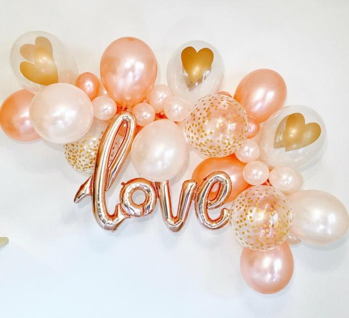 dekoratyviniai rožinės ir baltos spalvos pripučiami balionai, širdies centro balionai, raidiniai balionai, mažos šventinės balionų dekoracijos