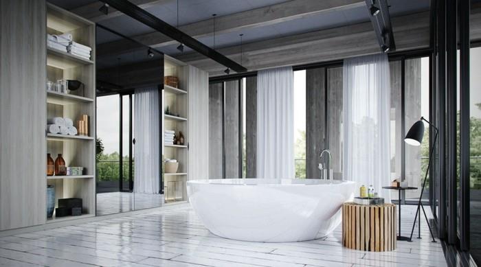 deko vonios kambarys-didelė saugykla-baldai-laisvai stovinti vonia-centre-dekoras-balta-pilka
